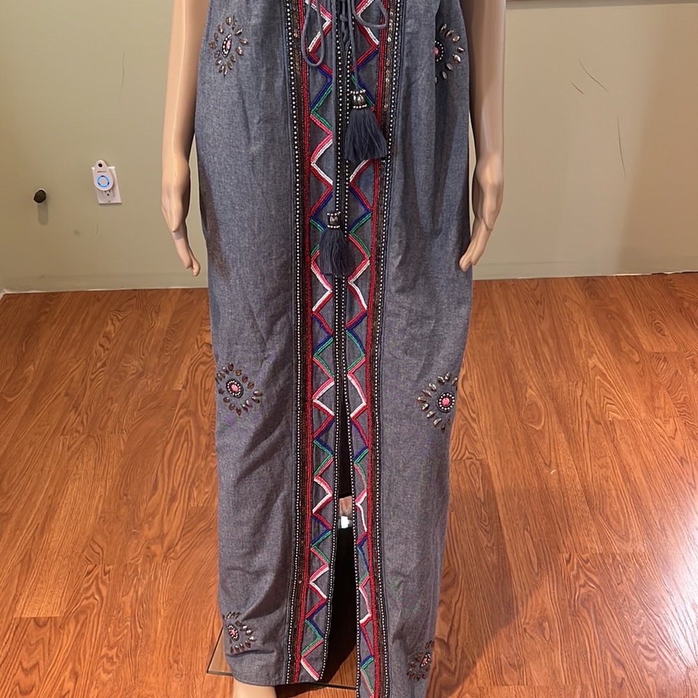 Venus Gray Denim Embellished Beaded Maxi Dress Size L - Picture 4 of 10